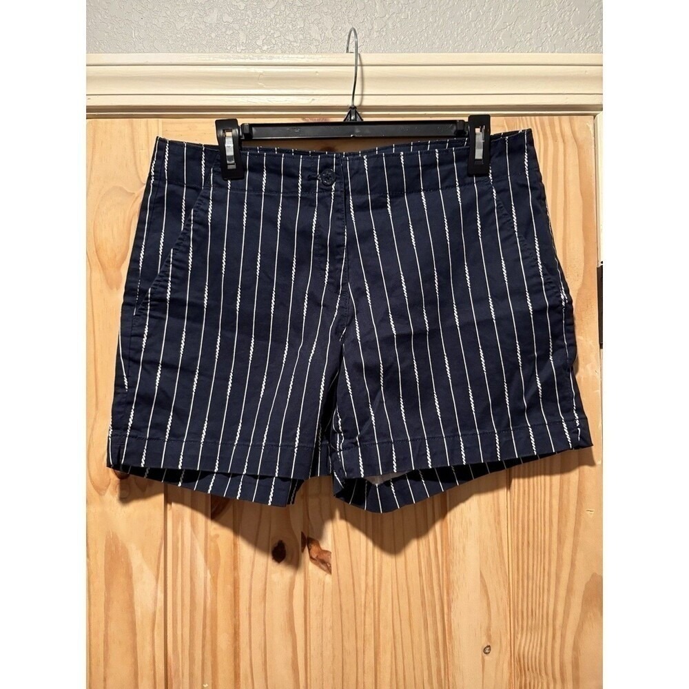 Nautica Women's Navy White Striped Shorts Size 10 Stretch Chino Preppy Coastal